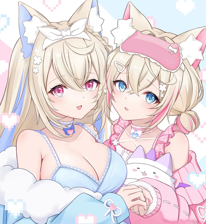 Hololive、Hololive英语、芙华瓦·阿比斯嘉德 2名女孩 兽耳毛 兽耳 娃娃装睡衣 创可贴