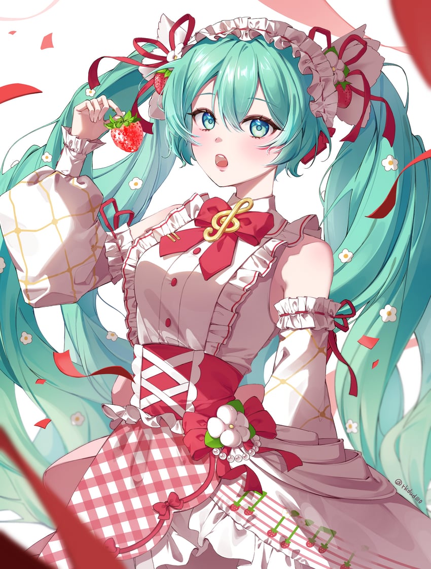 VOCALOID、初音未来、草莓未来 (森仓圆) 1名女孩 水色瞳 水色发 手臂纹身 腋窝褶皱
