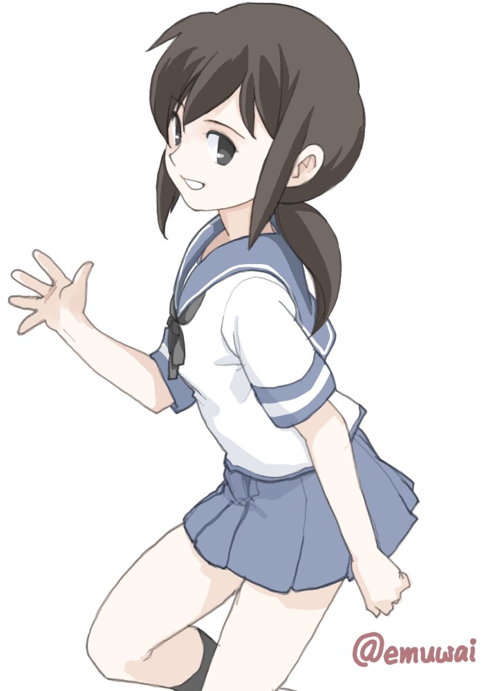 舰队Collection、吹雪 (舰娘) 1名女孩 黑发 黑色领巾 蓝色水手领 蓝裙子