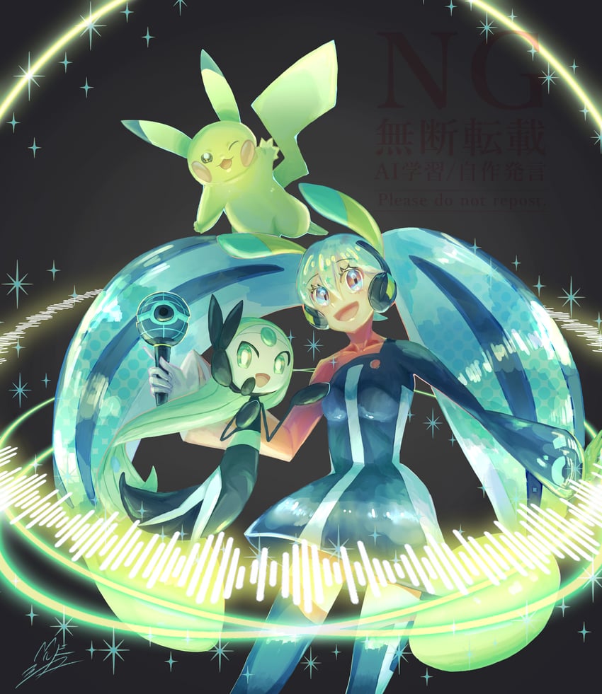 宝可梦、宝可梦×初音未来联动项目、VOCALOID 2名女孩 水色瞳 水色发 黑色连衣裙 金发