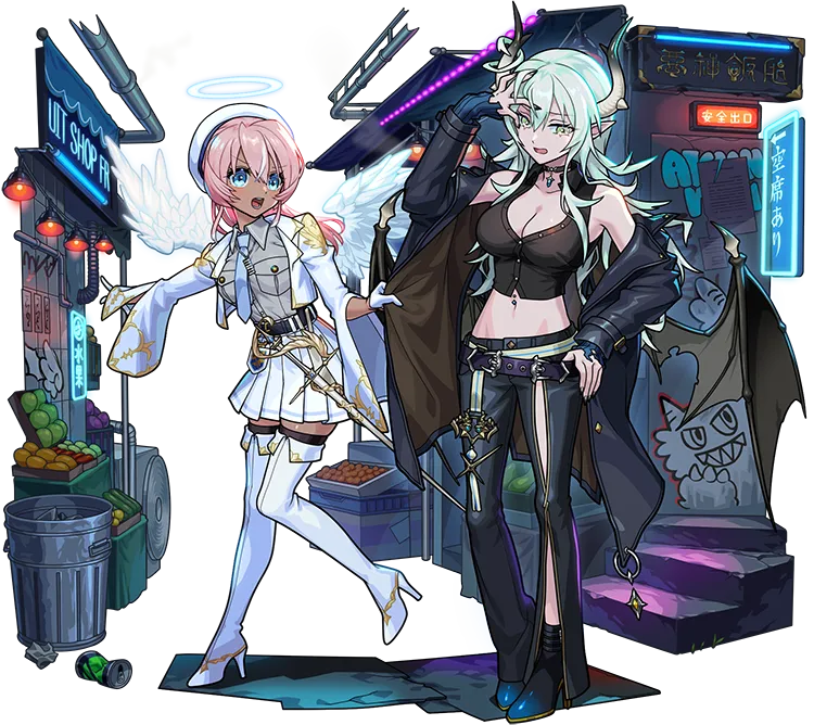 怪物弹珠、ebony (monster strike)、ivory (monster strike) 2名女孩 天使翅膀 露肩 蓝眼 乳房