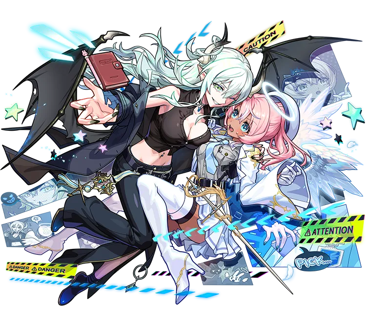 怪物弹珠、ebony (monster strike)、ivory (monster strike) 2名女孩 天使翅膀 露肩 蓝眼 脸红
