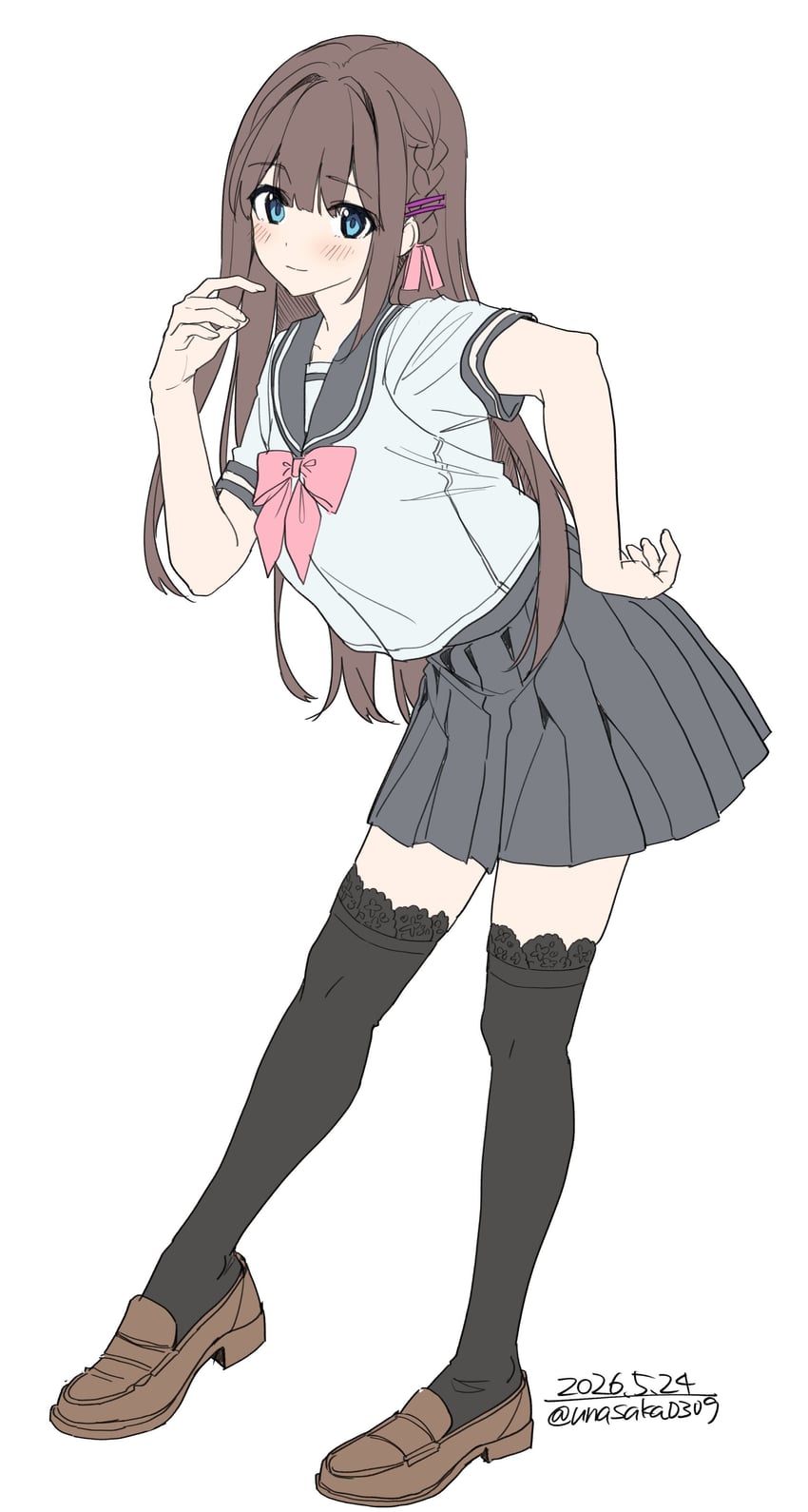 原创 1名女孩 黑色过膝袜 蓝眼 脸红 蝴蝶结
