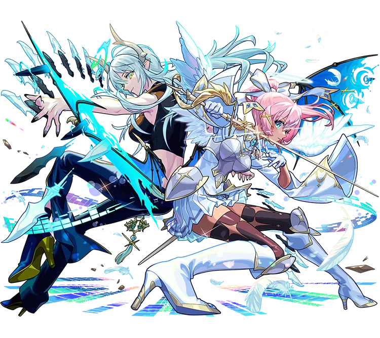 怪物弹珠、ebony (monster strike)、ivory (monster strike) 2名女孩 天使翅膀 露肩 蓝眼 乳房