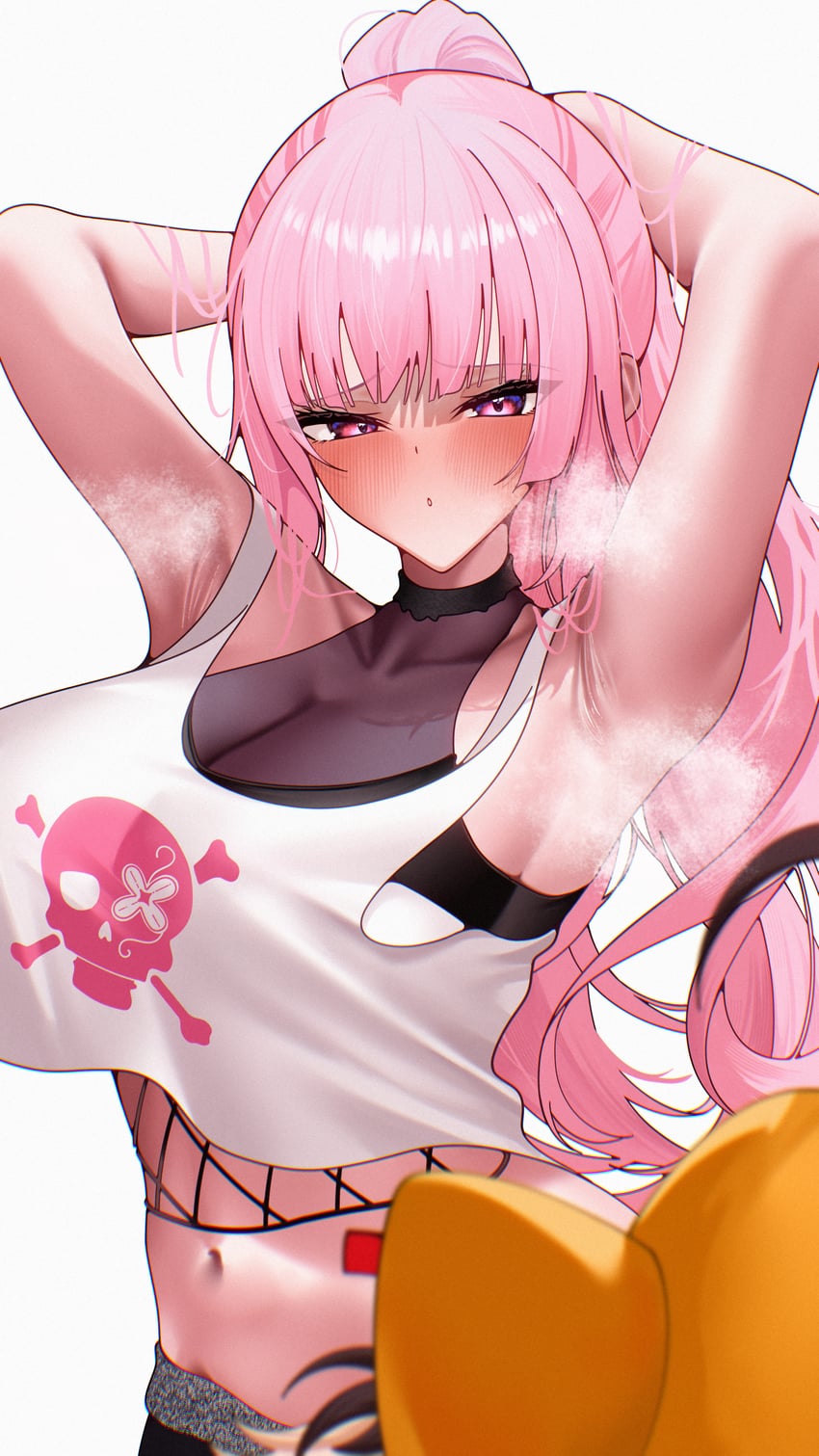 Hololive、Hololive英语、Gigi Murin 2名女孩 腋下 双手抱头 举起双手 黑衬衫
