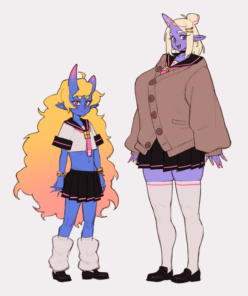 原创 2名女孩 金发 青鬼 渐变发 渐变色角