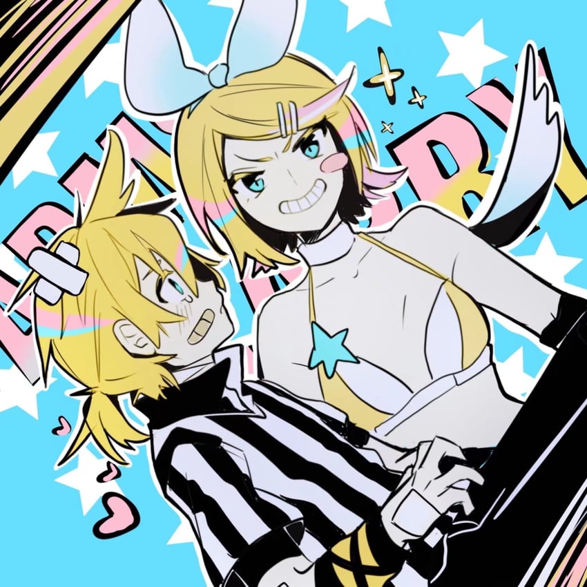 零之炽天使 (Vocaloid)、VOCALOID、镜音连 1名男孩 1名女孩 比基尼 金发 蓝眼