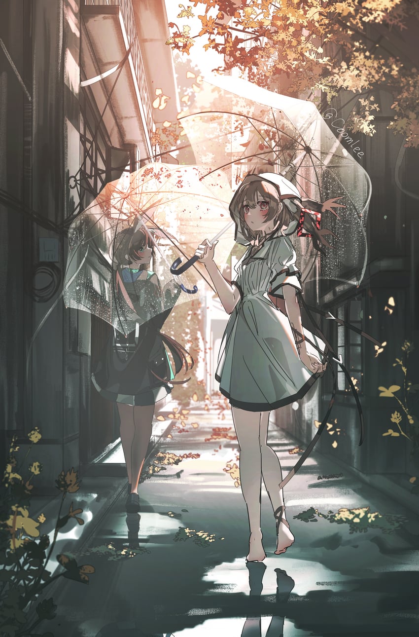 明日方舟、阿米娅 (明日方舟)、海尔达 (明日方舟) 2名女孩 雨后 兽耳 建筑 赤脚