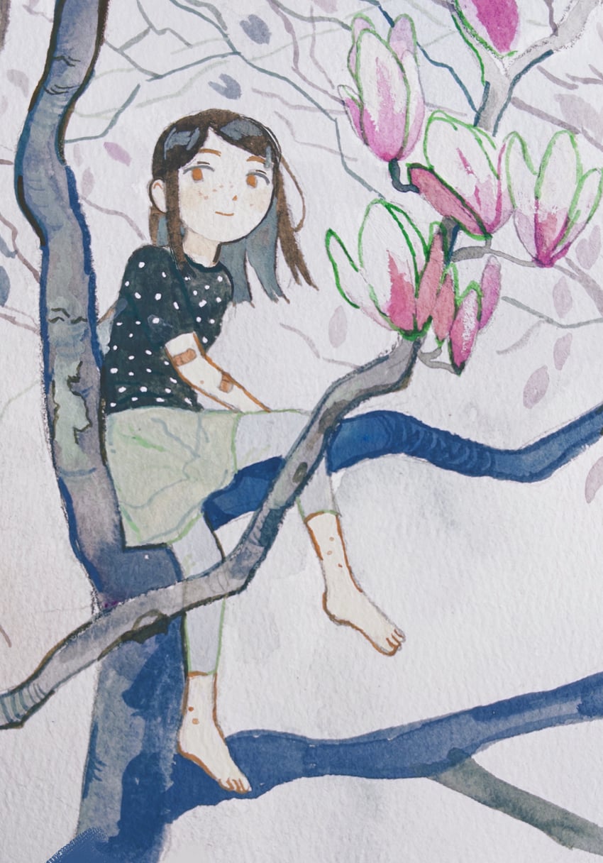 原创 1名女孩 创可贴 手臂上的绷带 赤脚 黑衬衫