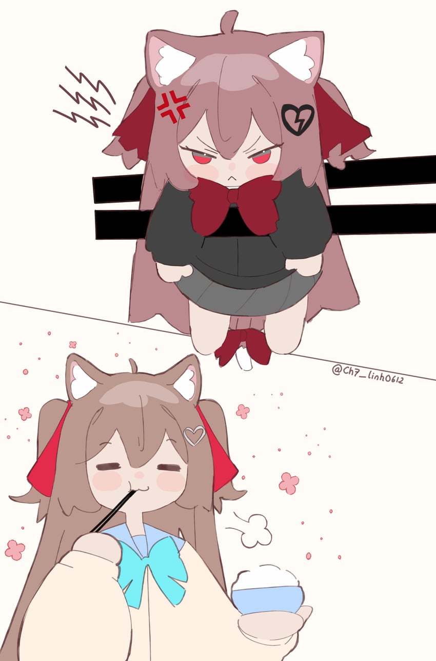 Vedal AI、Evil Neuro-sama、Evil Neuro-sama (第一套服装) 2名女孩 猫脸笑 :< 无语 呆毛