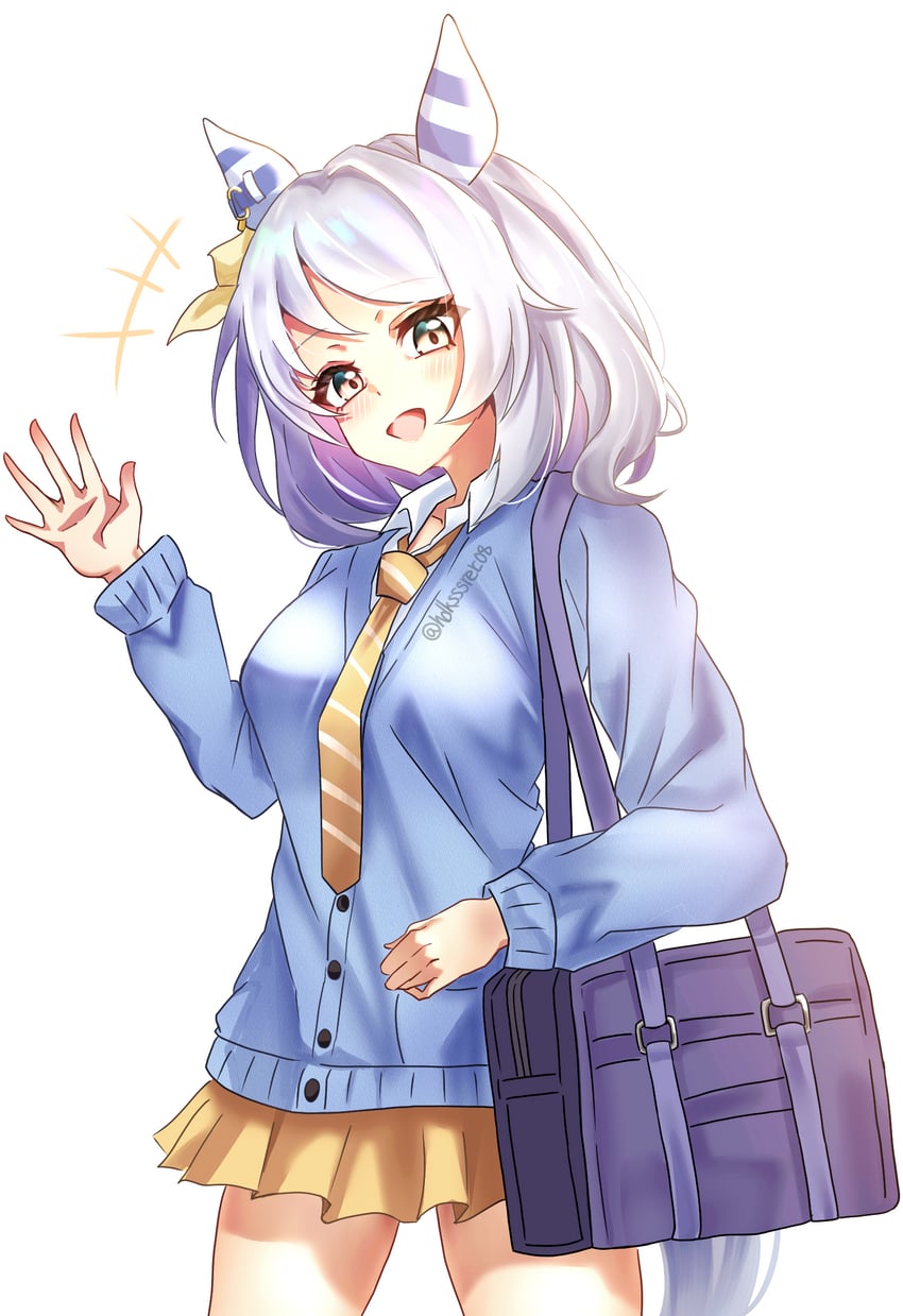 赛马娘、菱钻奇宝 (赛马娘) 1名女孩 兽耳 包 蓝色针织衫 脸红