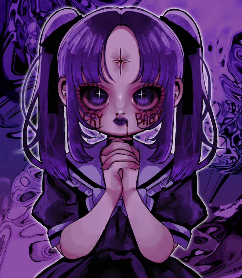 原创 1名女孩 抽象背景 黑色项圈 黑色丝带 血