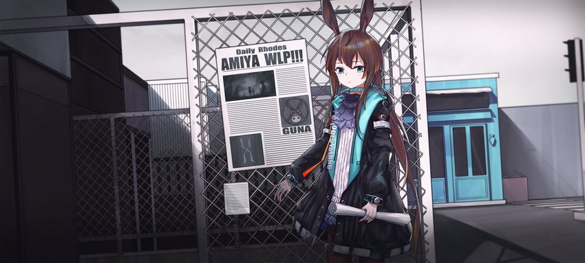 明日方舟、阿米娅 (明日方舟) 1名女孩 兽耳 阿斯科特领巾 黑色夹克 黑色连裤袜