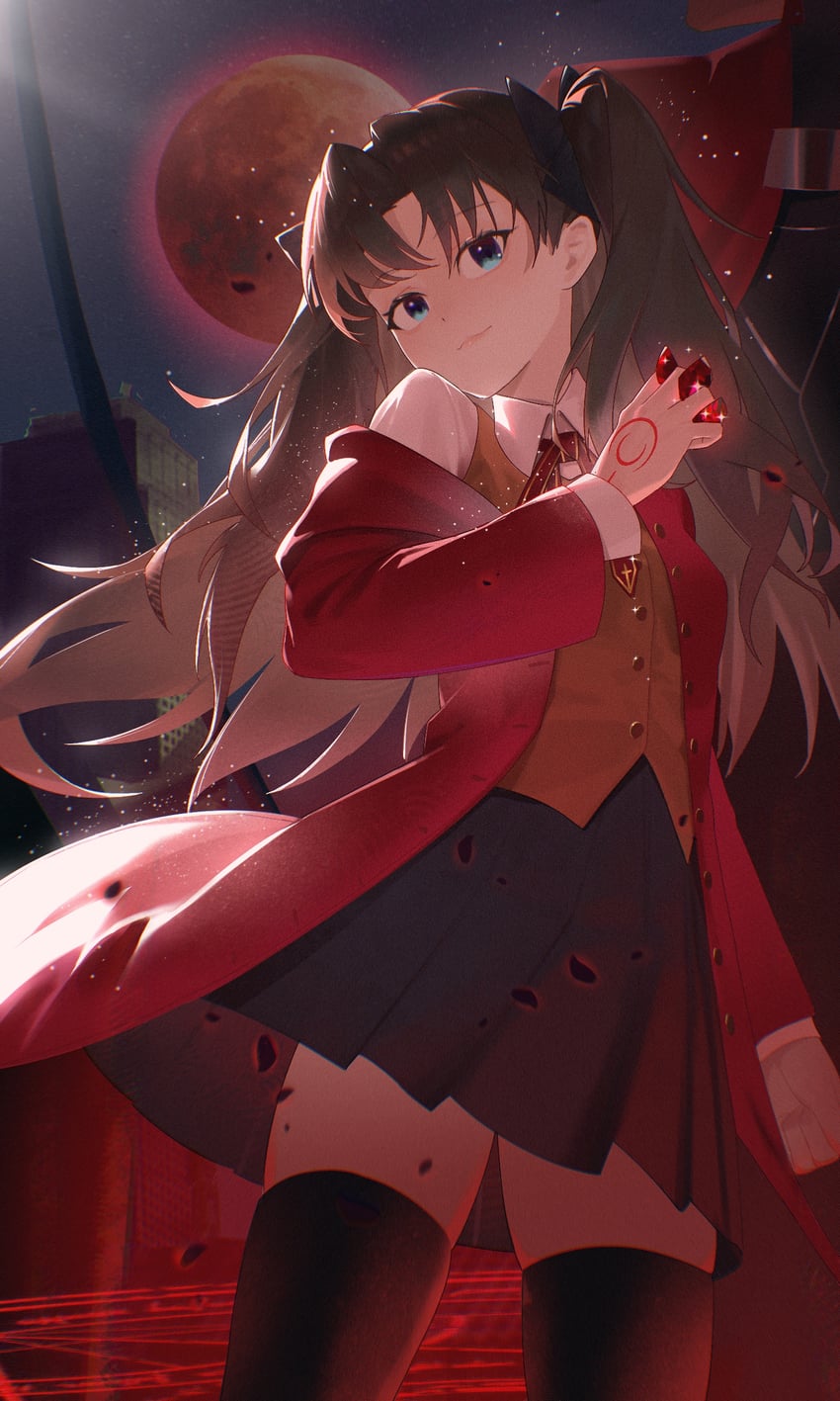 Fate/stay night、Fate系列、Archer (Fate) 1名男孩 1名女孩 黑发 黑色裙子 黑色过膝袜