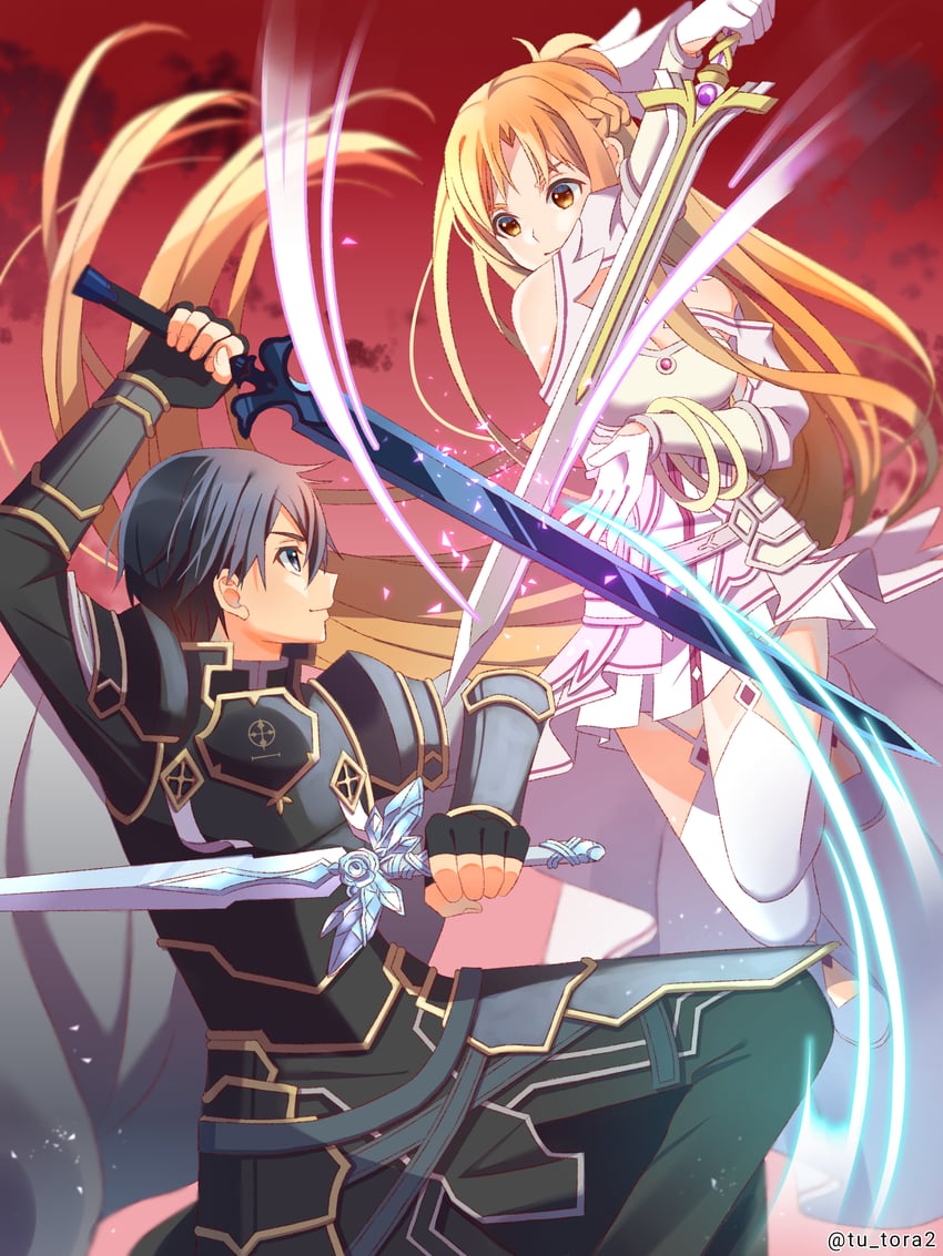 刀剑神域、刀剑神域：Alicization、刀剑神域：爱丽丝篇 异界战争 1名男孩 1名女孩 手臂横在脖子上 手臂横在腰上 举手