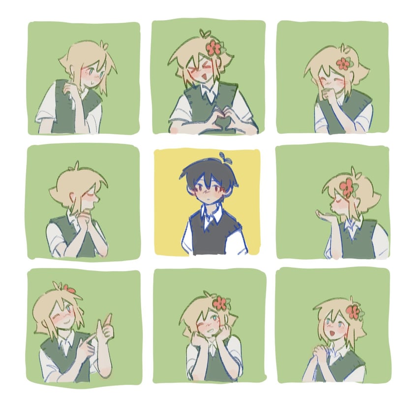 OMORI、Basil (OMORI)、Basil (OMORI) 2个男孩 :D 闭眼挤眼 呆毛 黑瞳