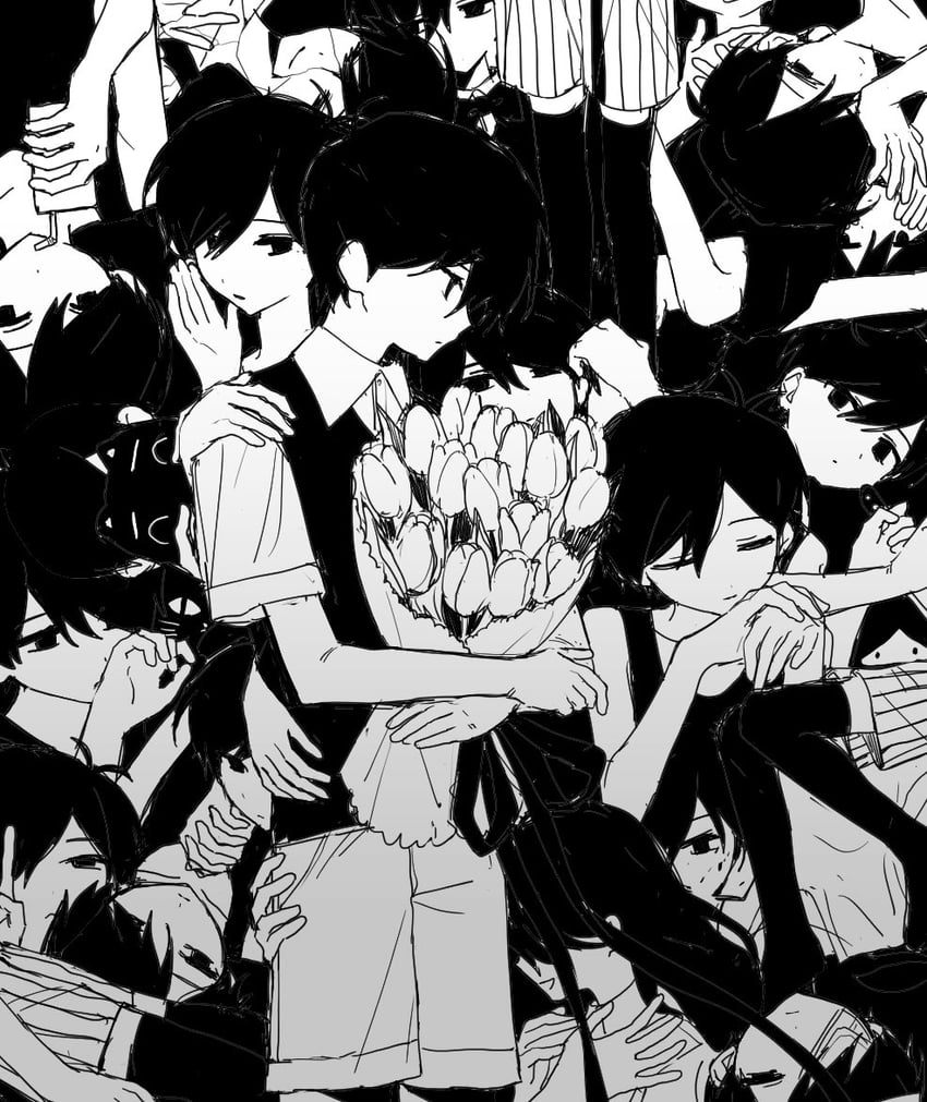 OMORI、玛丽 (远方) (OMORI)、Mari (Omori) 1名女孩 2个男孩 呆毛 花束 兄妹