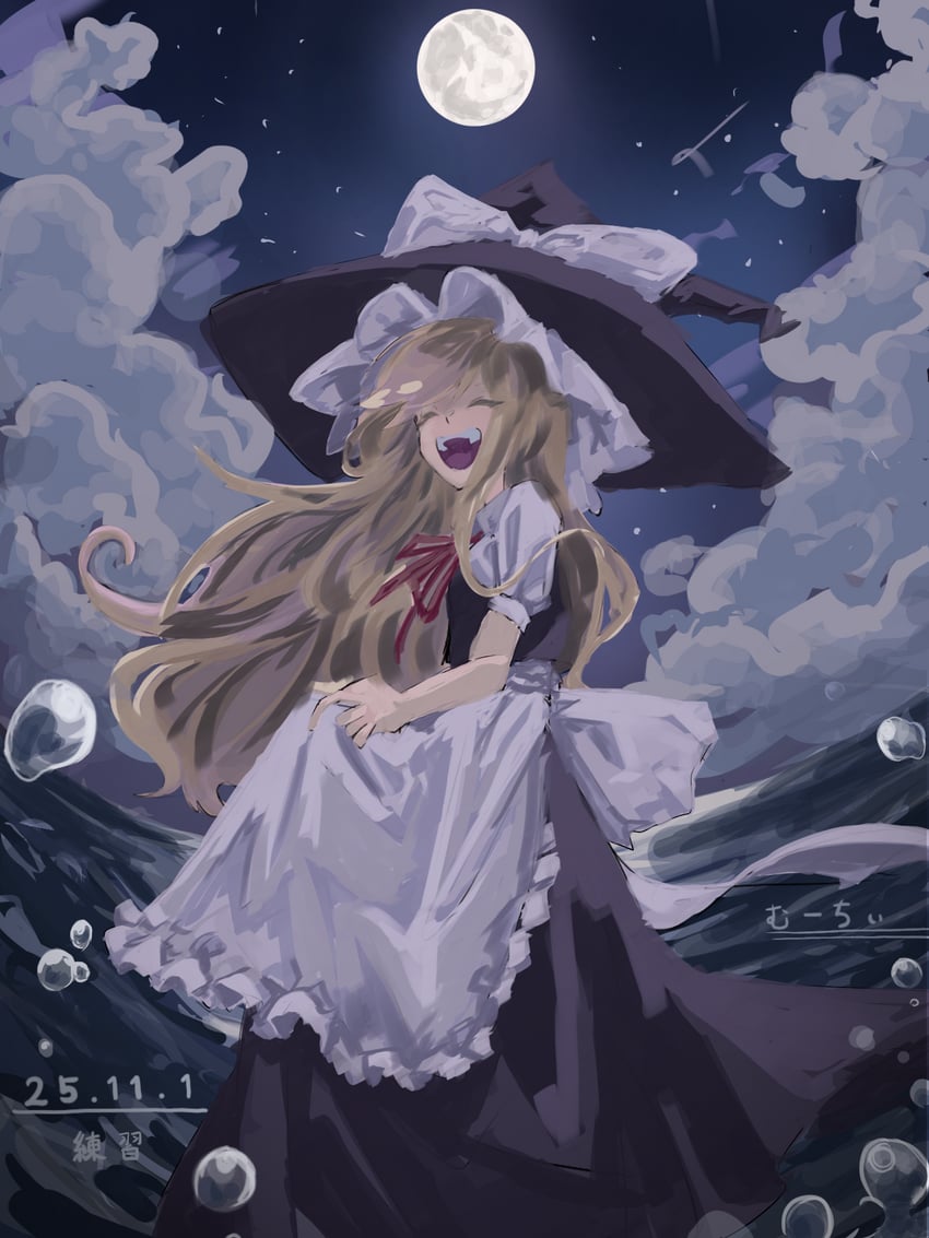 东方Project、雾雨魔理沙 1名女孩 围裙 作者名 后背蝴蝶结 黑帽子