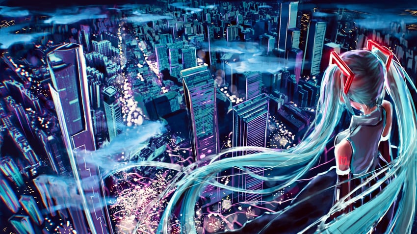 VOCALOID、初音未来 1名女孩 露肩 蓝发 建筑物 城市