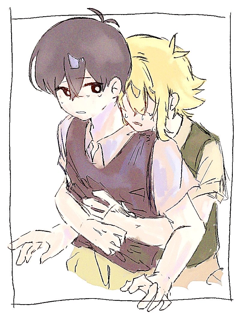 OMORI、Basil (OMORI)、Basil (OMORI) 2个男孩 呆毛 黑色毛衣背心 金发 亮瞳