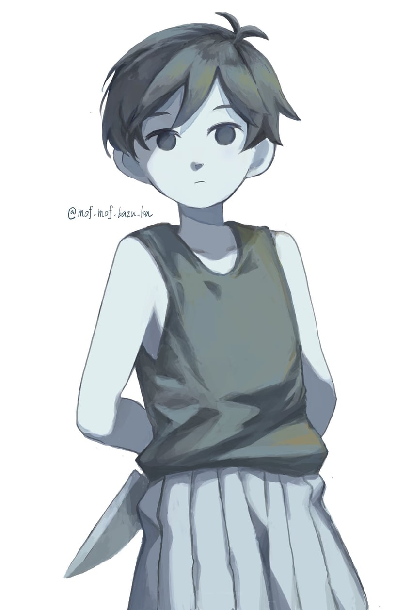 OMORI、Omori (OMORI) 1名男孩 呆毛 双手背在身后 黑色背心 闭嘴
