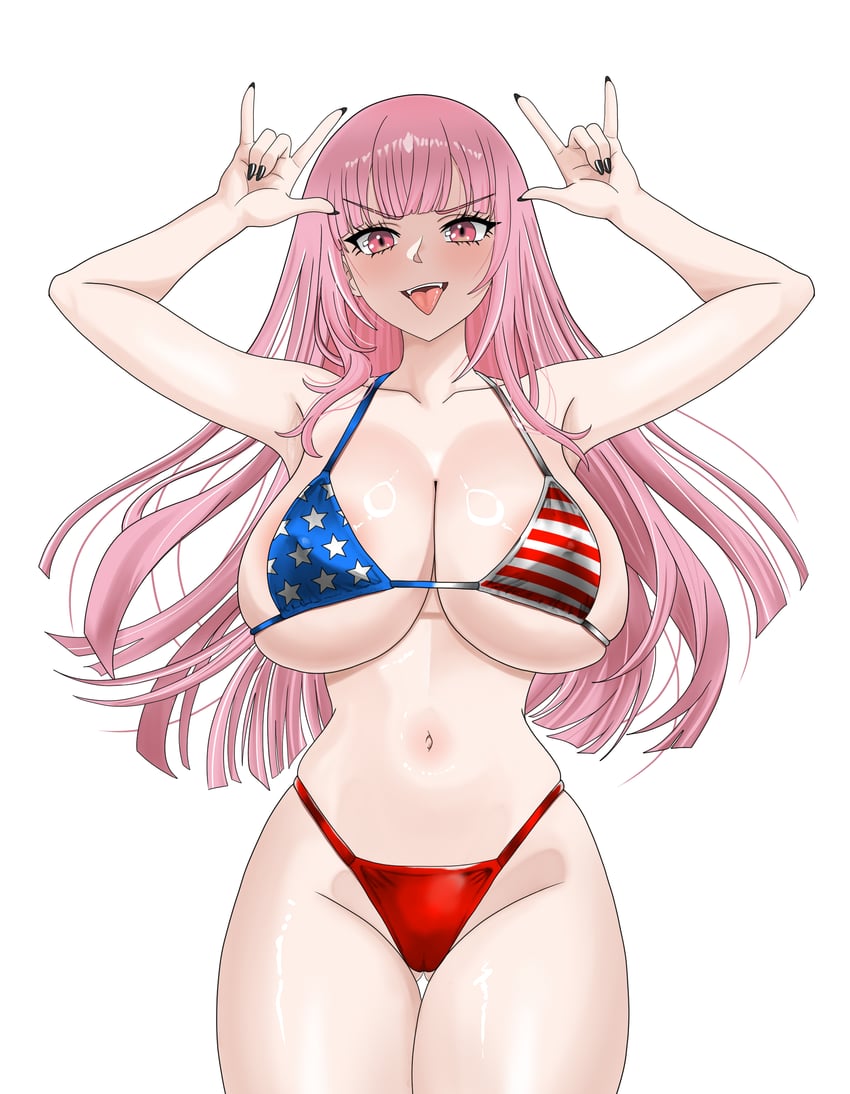 Hololive、Hololive英语、森美声 1名女孩 摇滚手势 美国国旗 星条旗比基尼 美国国旗印花