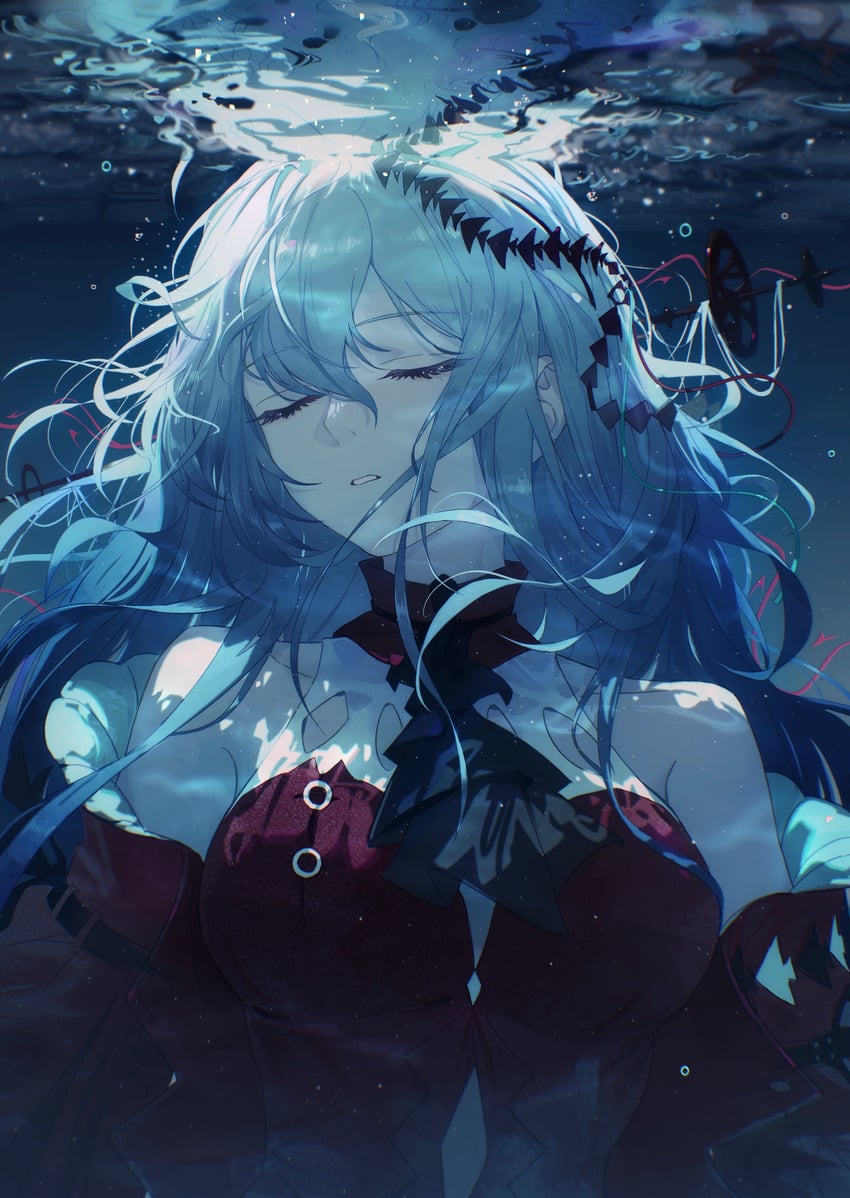 明日方舟、斯卡蒂 (明日方舟)、浊心斯卡蒂(明日方舟) 1名女孩 阿斯科特领巾 露肩 黑色细领带 黑色领巾