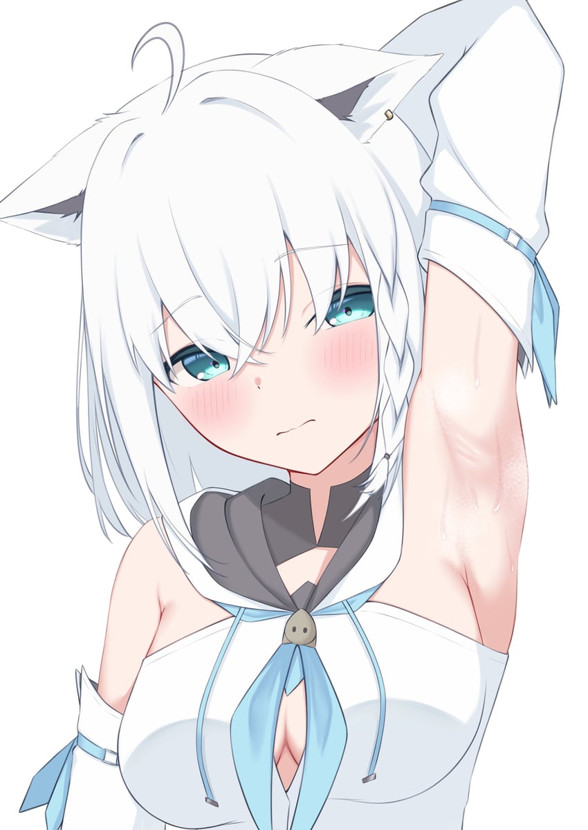 Hololive、白上吹雪、白上吹雪 (第一套服装) 1名女孩 呆毛 兽耳 水色瞳 腋下特写