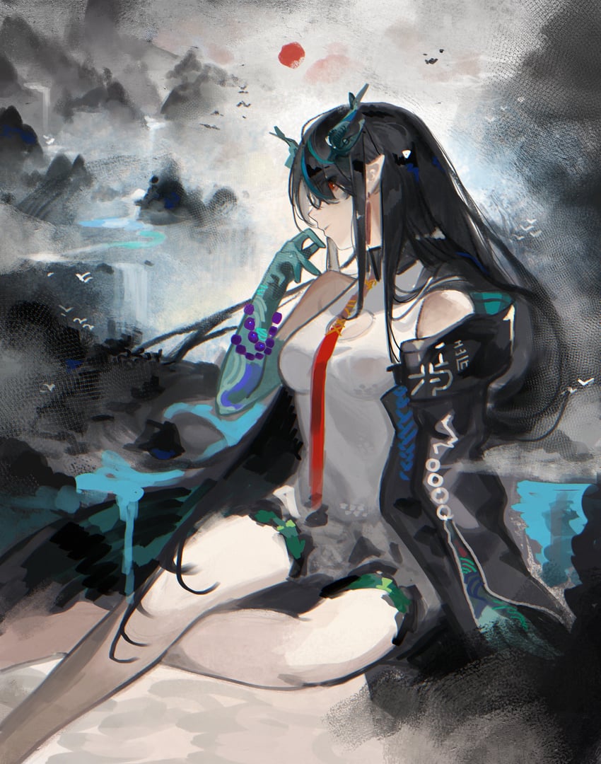 明日方舟、夕 (明日方舟) 1名女孩 珠子手链 珠子 黑发 手链