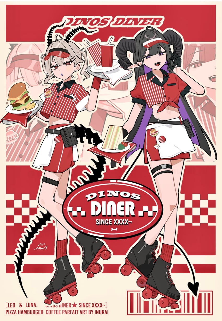 二次元插画 2名女孩 裸腿 黑发 汉堡 挂耳染