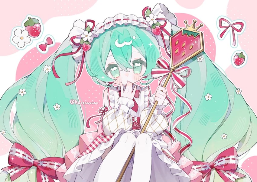 VOCALOID、初音未来、草莓未来 (森仓圆) 1名女孩 水色瞳 水色发 作者名 脸红
