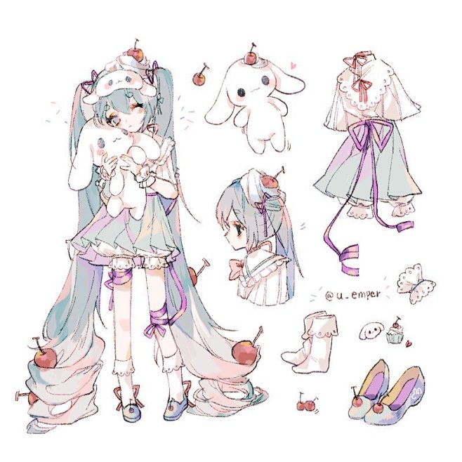 蓬松大耳狗、三丽鸥、VOCALOID 蓝眼 蓝发 蓝裙子 脸红 樱桃