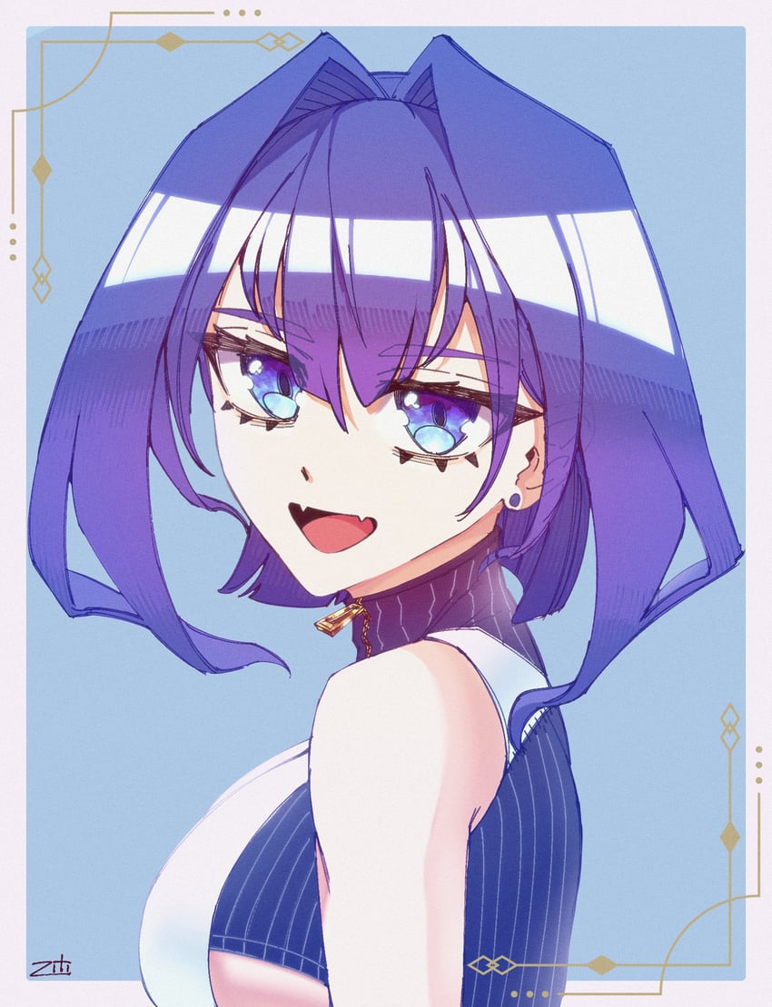 Hololive、Hololive英语、议会 (Kronii) 1名女孩 露肩 蓝眼 蓝发 蝴蝶结