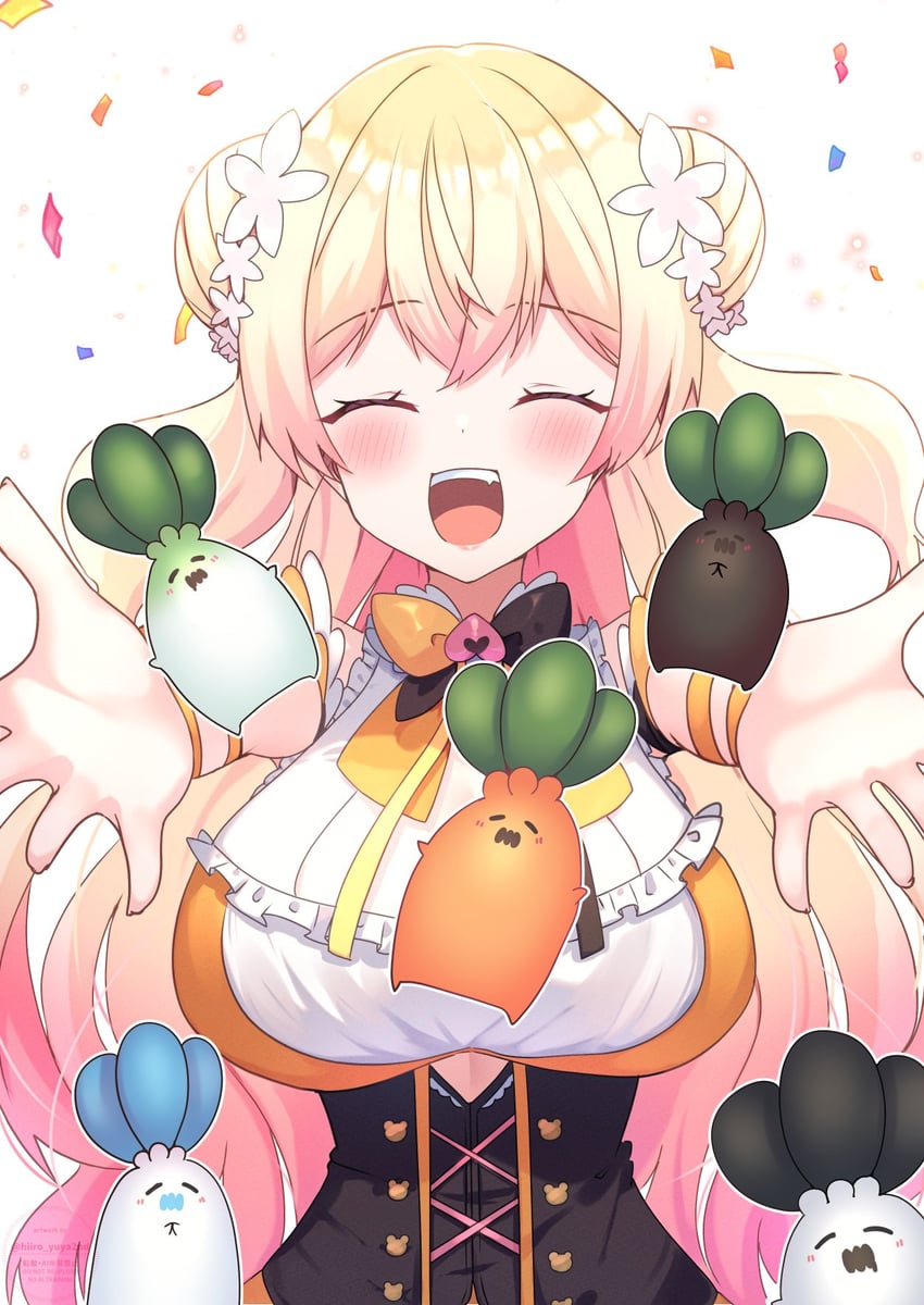 Hololive、桃铃音音、桃铃捏捏 (初始服装) 1名女孩 铃铛 金发 脸红 蝴蝶结