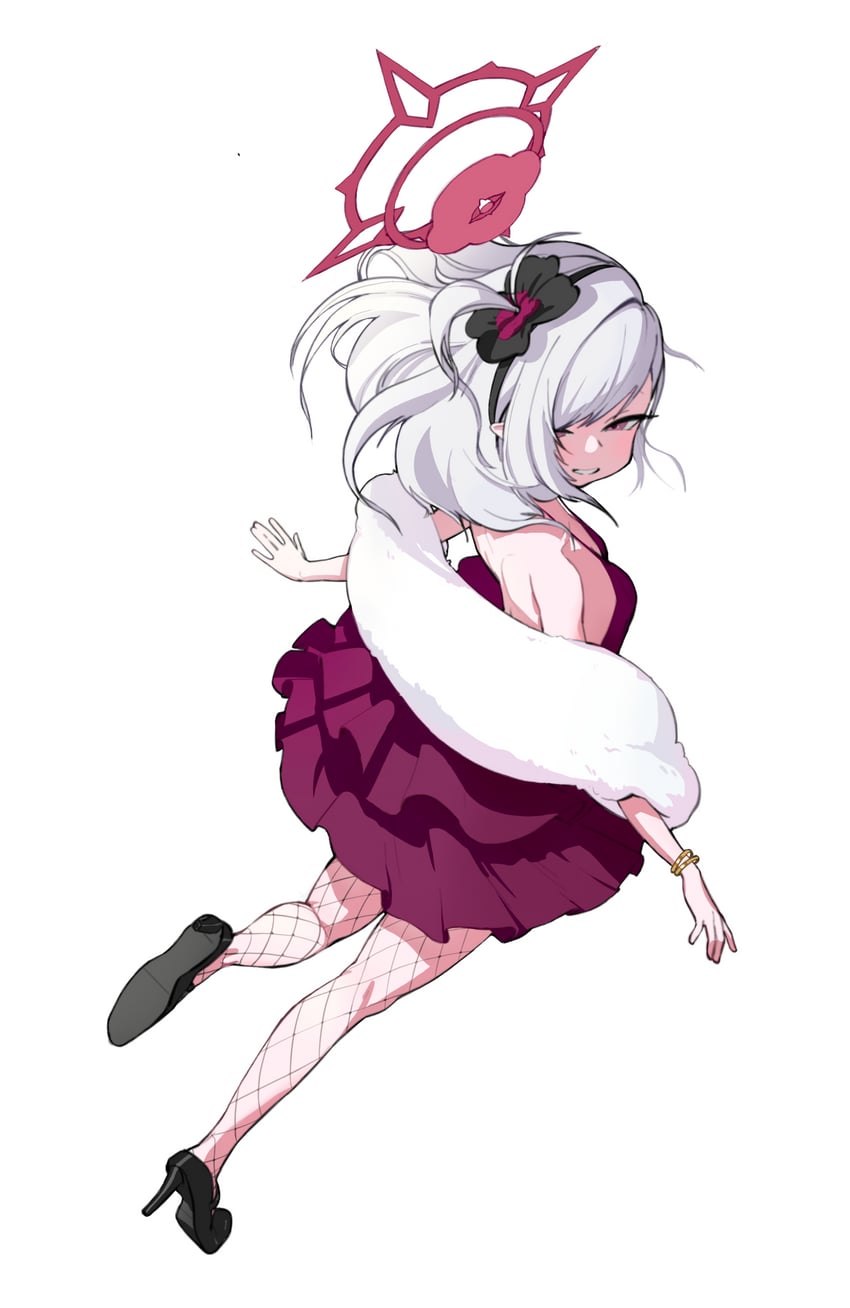 蔚蓝档案、睦月 (蔚蓝档案)、浅黄睦月 (礼服) (蔚蓝档案) 1名女孩 黑色发带 黑鞋 手链 乳房