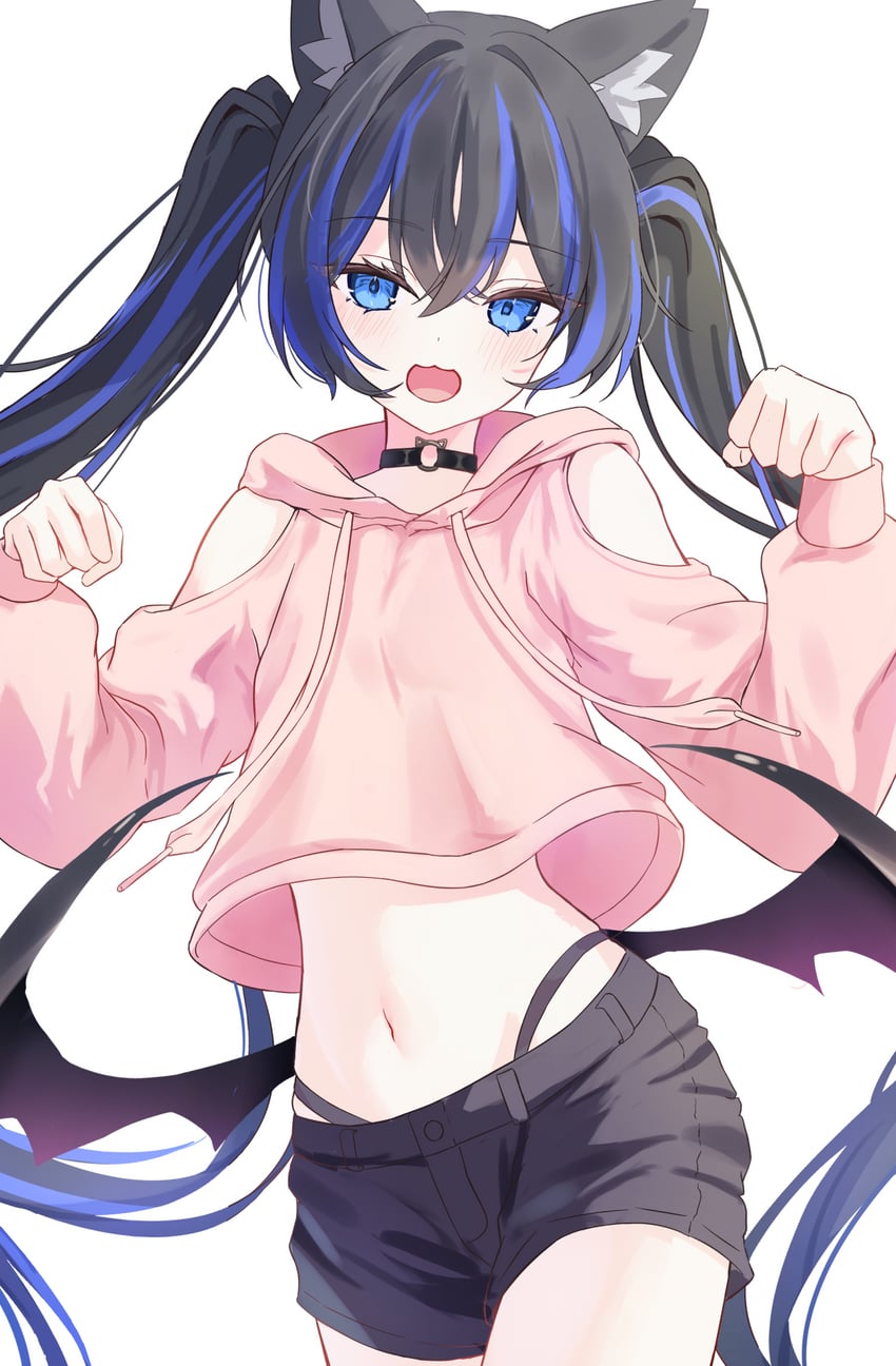 原创 1名女孩 猫脸笑 兽耳 露肩设计 举起双手