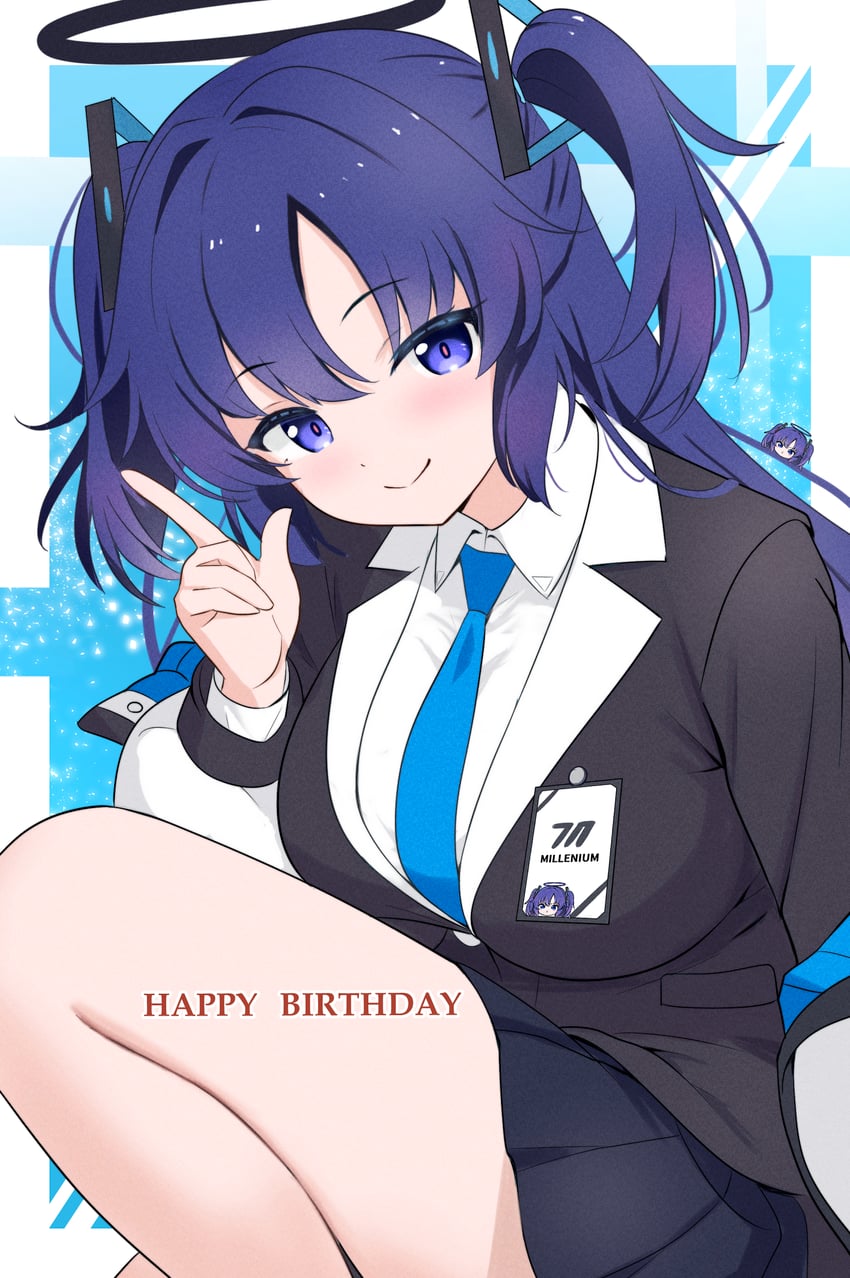蔚蓝档案、早濑优香 1名女孩 生日 黑色光环 蓝色领带 蓝裙子