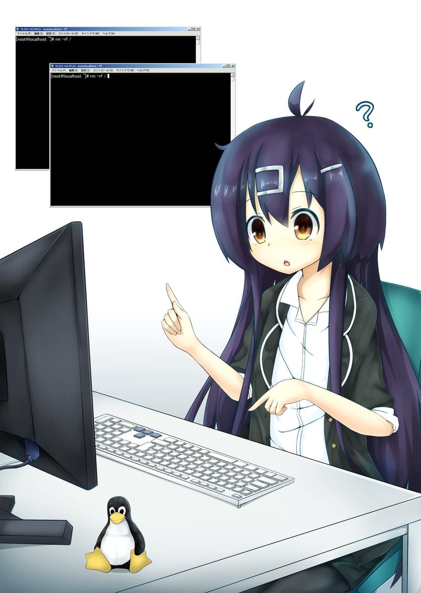活下去！社畜酱、Linux、takanashi hiyori (ikinokore! shachiku-chan) 1名女孩 问号 呆毛 鸟 黑色连裤袜