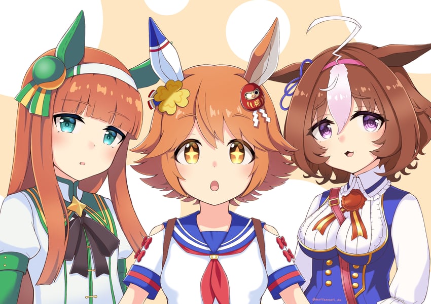 赛马娘、待兼福来 (Rising Fortune) (赛马娘)、待兼福来 (赛马娘) 3人女子 @_@ 呆毛 兽耳 包