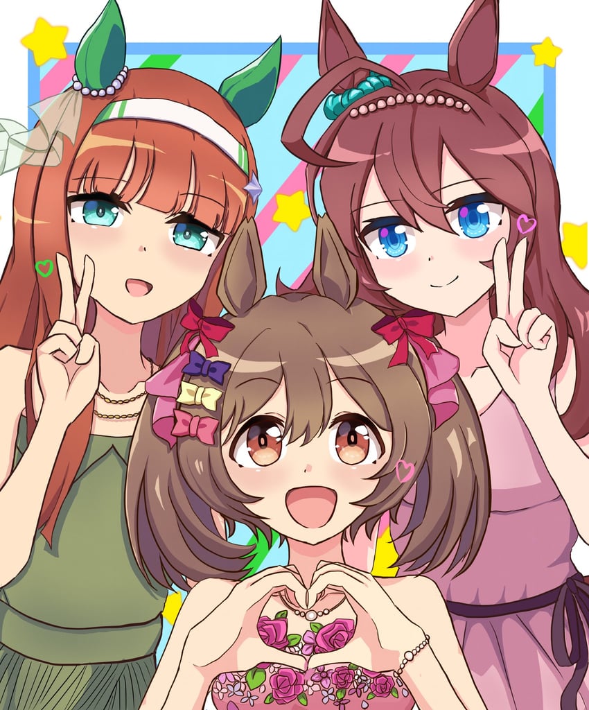 赛马娘、美浦波旁 (赛马娘)、无声铃鹿 (赛马娘) 3人女子 呆毛 兽耳 露肩 蓝眼