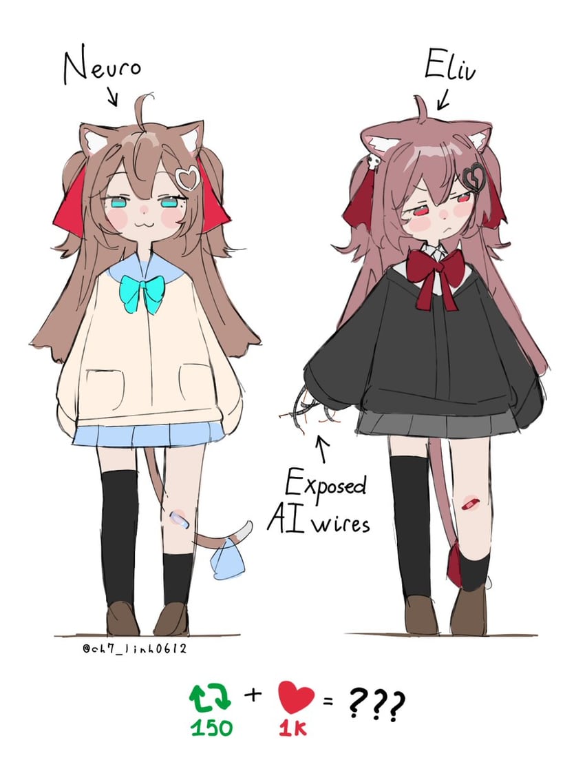 Vedal AI、Evil Neuro-sama、Evil Neuro-sama (第一套服装) 2名女孩 猫脸笑 呆毛 兽耳 水蓝色蝴蝶结