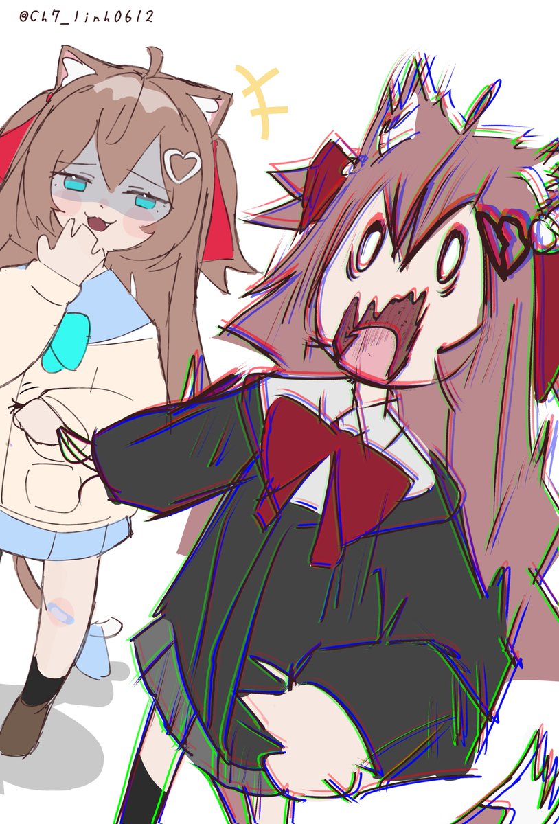 Vedal AI、Evil Neuro-sama、Evil Neuro-sama (第一套服装) 2名女孩 兽耳 水蓝色蝴蝶结 水蓝色蝴蝶结 创可贴