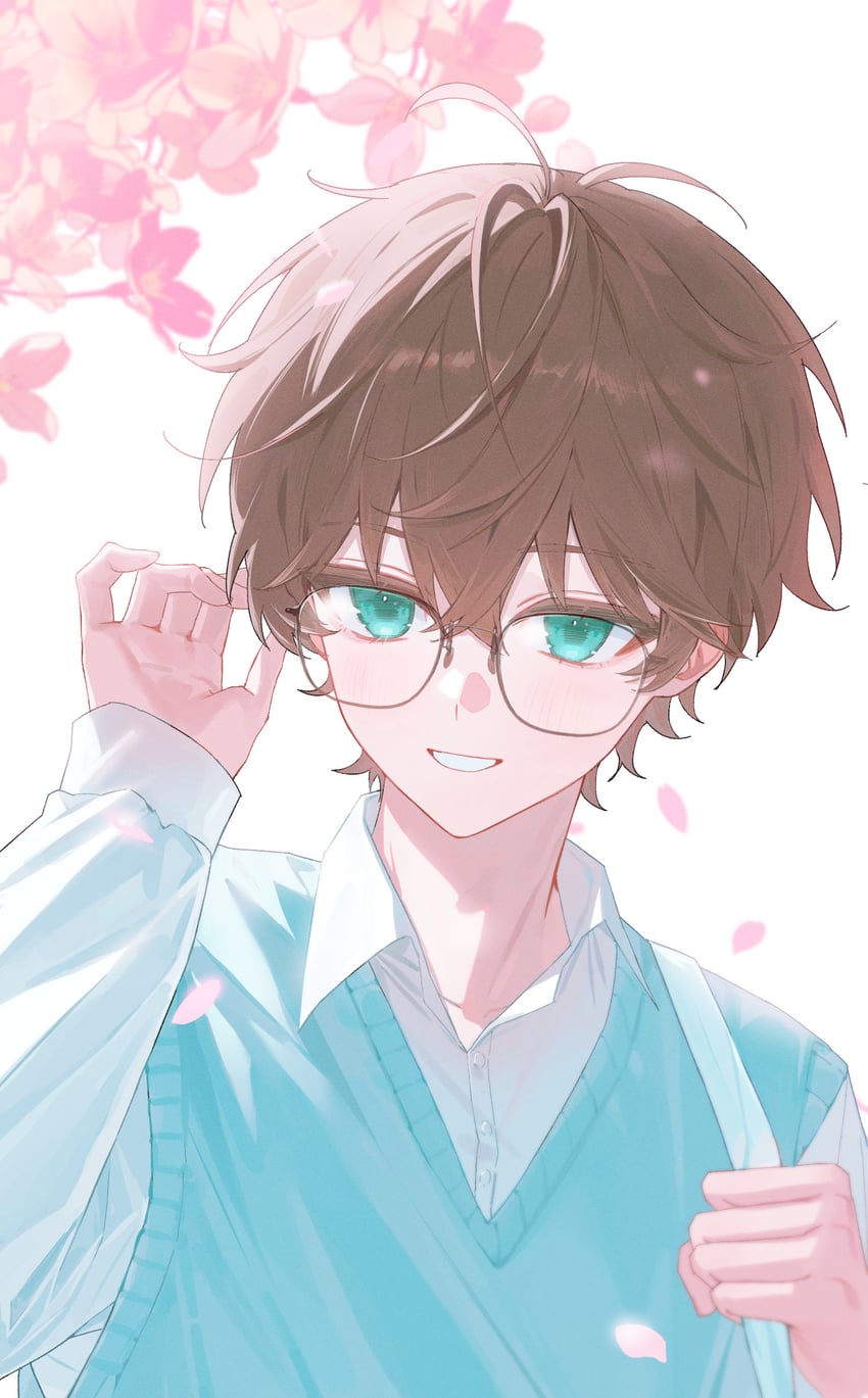 原创 1名男孩 水色瞳 黑框眼镜 蓝色背心毛衣 棕发