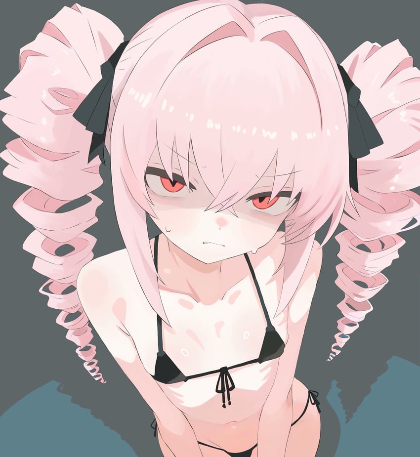 驱鬼猎人追傩酱、VOICEROID、追傩酱 1名女孩 比基尼 咬唇 黑色比基尼 黑色丝带