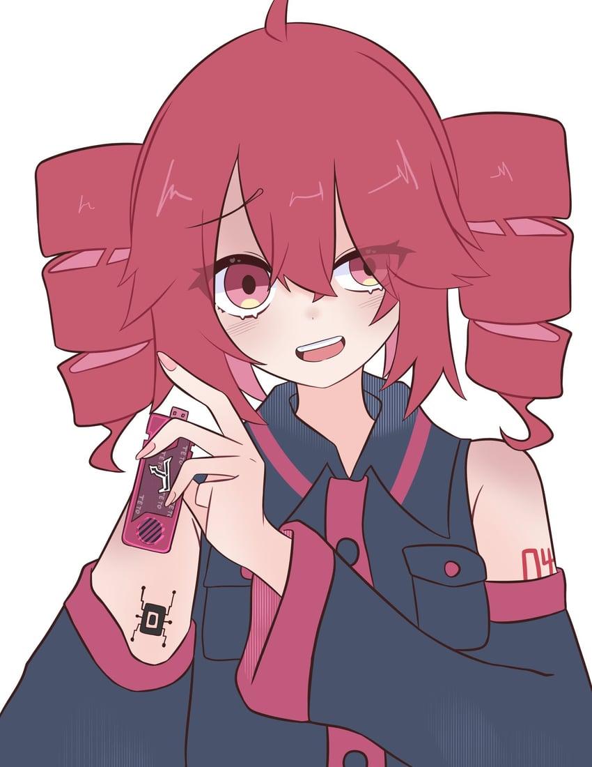 UTAU、重音Teto、重音テト (UTAU) 1名女孩 呆毛 露肩 黑衬衫 黑色袖子