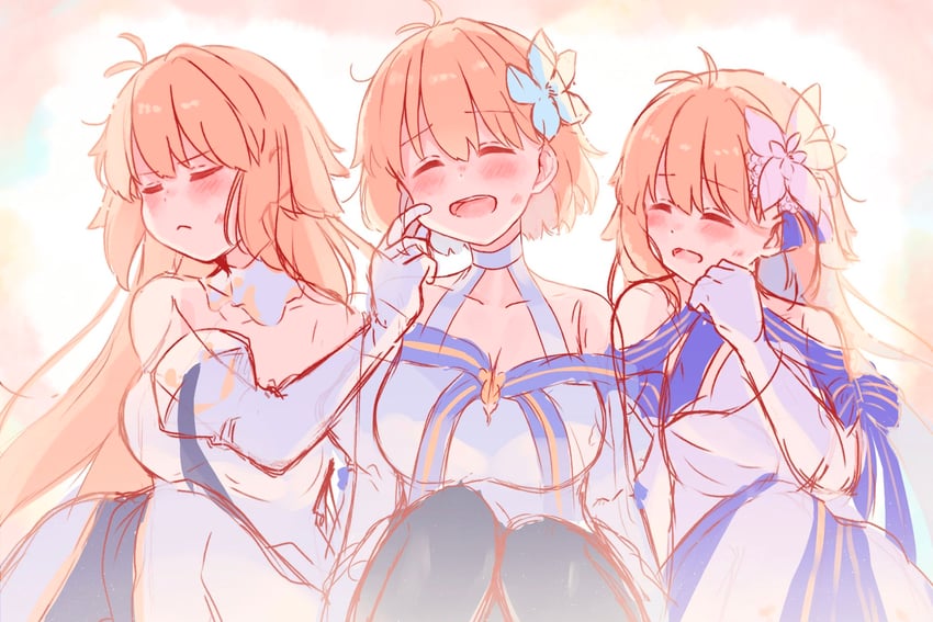 Fate/Grand Order、Fate系列、爱尔奎特 (地球姬) 3人女子 呆毛 露肩 黑色连裤袜 金发