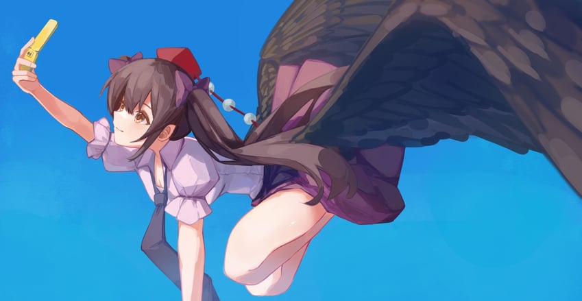 东方Project、姬海棠羽立 1名女孩 黑色领带 蓝天 棕眼睛 棕发