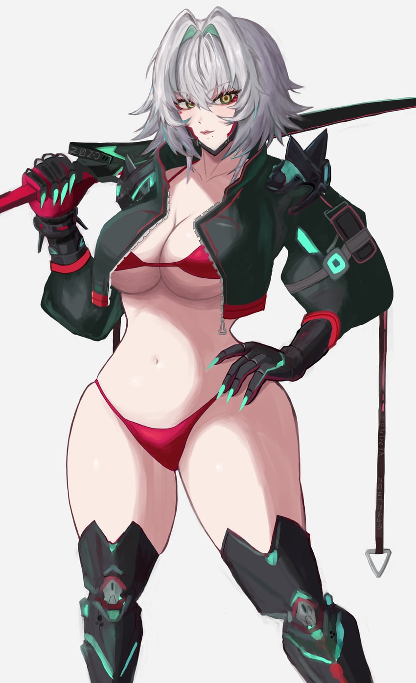 袜子事务所、Zentreya、Zentreya (赛博格) 1名女孩 水蓝色指甲 比基尼 黑色手套 黑色夹克