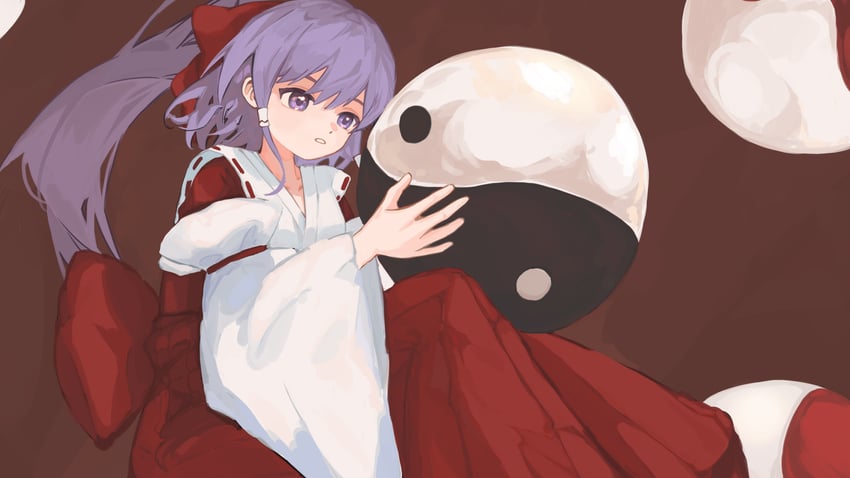 东方Project、东方Project (PC-98)、博丽灵梦 1名女孩 蝴蝶结 露肩袖 脚部不在画面内 发带蝴蝶结