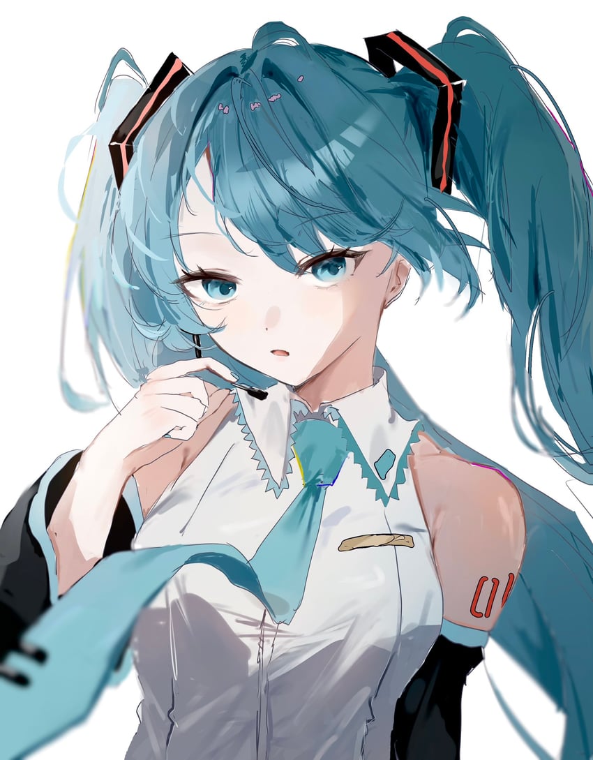 VOCALOID、初音未来 1名女孩 呆毛 水色瞳 水色发 水蓝色指甲